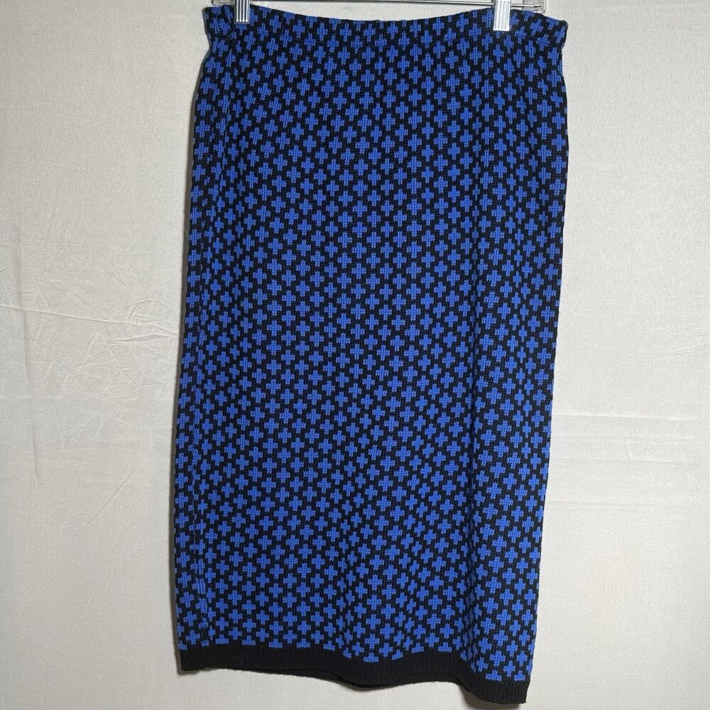 Lauren Steele Womens Blue Black Knit Midi Skirt Geometric Made in USA Vintage